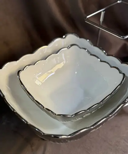 Двухъярусная фруктовница фарфорова на металлической подставке 15x20 см Белый - фото 6