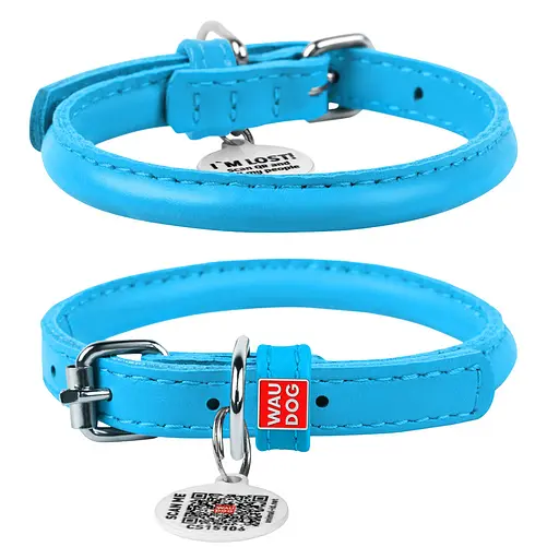 Ошейник для собак кожаный Waudog Glamour с QR-паспортом круглый Д 6 мм Д 17-20 см голубой