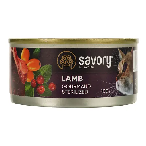 Уцінка. Вологий корм для дорослих стерилізованих котів Savory Cat Can Adult Sterilised з ягням 100 г - фото 1
