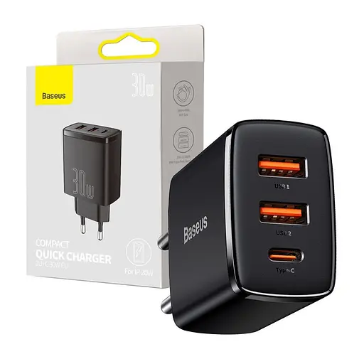 Зарядний пристрій 3 порти Baseus 30 W (1Type-C + 2 USB) CCXJ-E01 чорний - фото 5