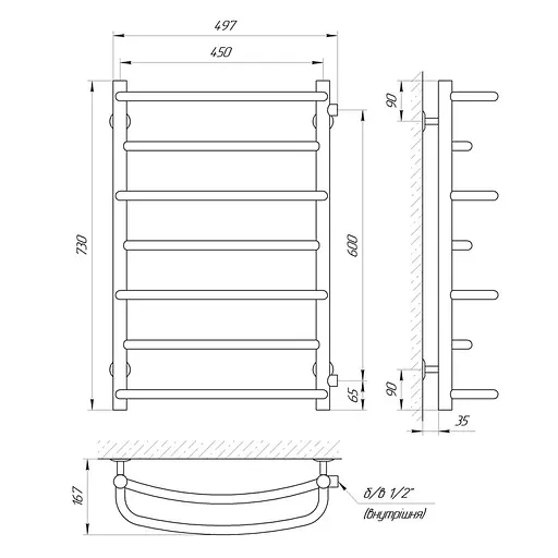 Полотенцесушитель Laris Евромикс П7 450x700 боковое подключение 71207366, Хром - фото 3