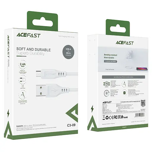 Кабель ACEFAST C3-09 USB to Micro 2,4A, 1.2m, TPE, TPE connectors, White - фото 2