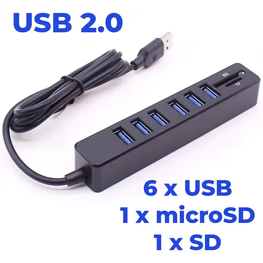 USB хаб (6 x USB, 1 x microSD/TF, 1 x SD/SDHC/SDXC). Длина шнура 90 см. - фото 2