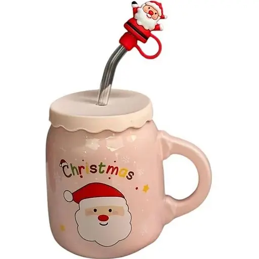 Чашка новогодняя Olens 102-1082-3 Санта керамика с крышкой и трубочкой 460 мл Розовая - фото 1