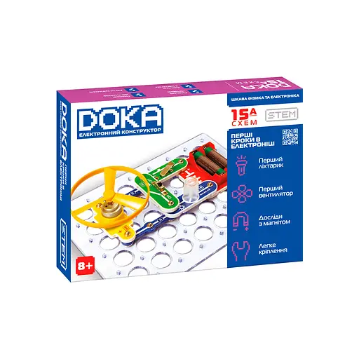 Конструктор електронний DOKA ПЕРШІ КРОКИ В ЕЛЕКТРОНІЦІ (Набір А, 15 схем), D70709
