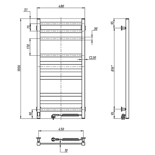 Електрична рушникосушка Navin Авангард 480x1000 Sensor правобічна з таймером, чорний муар 12-228053-4810, Чорний матовий, Праве, Електронний - фото 2
