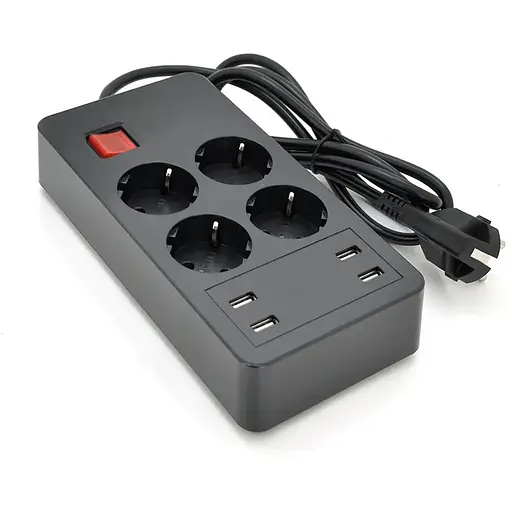 Мережевий фільтр на 4 розетки + 4 USB виходи 5V-2.4A, кнопка включення з індикатором, 16A, 250V/4000W, Black