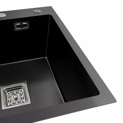 Кухонна мийка чорна Platinum PVD Handmade 65x50 R(квадратний сифон 3,0/1), Чорний - фото 3