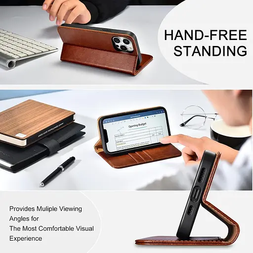 Чохол ICARER для iPhone 14, чохол зі штучної шкіри ручної роботи, бездротовий тримач з 3 слотами для карток, магнітне закриття - фото 3