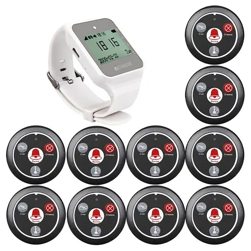 Система вызова официанта беспроводная с часами - пейджером Retekess TD108 + 10 черных кнопок (с кнопкой КАЛЬЯН) (100396)