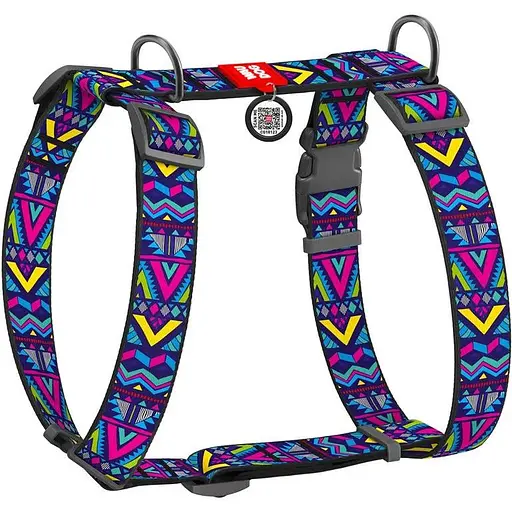 Шлея для собак Waudog Nylon анатомічна H-подібна з QR-паспортом, малюнок "Інді", пластиковий фастекс, XL