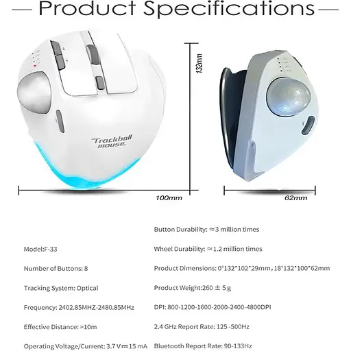Миша бездротова Zelotes F-33 з трекболом та акумулятором White - фото 7