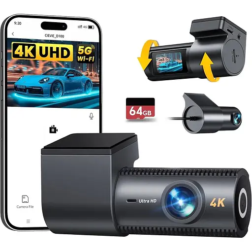 Відеореєстратор CIEVIE Dash Cam спереду та ззаду, 4K Dashcam з 64 ГБ SD-картою, 1,5-дюй-3-градусний IPS-дисплей