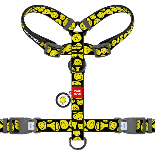 Шлея для собак Waudog Nylon анатомічна H-подібна з QR-паспортом розмір L 2.5х51-85х61-85 см смайли на чорному  - фото 2