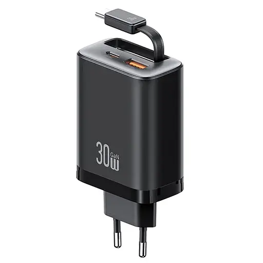 МЗП Usams US-CC296 GaN With Retractable Type-C Cable Xiang Ser. 30W (1USB-A/1C) Black