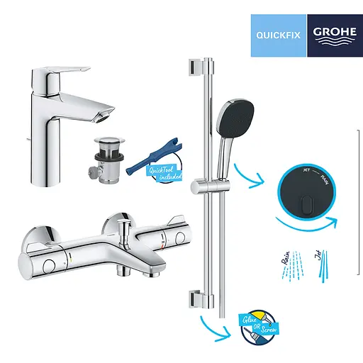 Комплект смесителей для ванной комнаты с термостатом Grohe QuickFix UA202304TS, Хром - фото 7