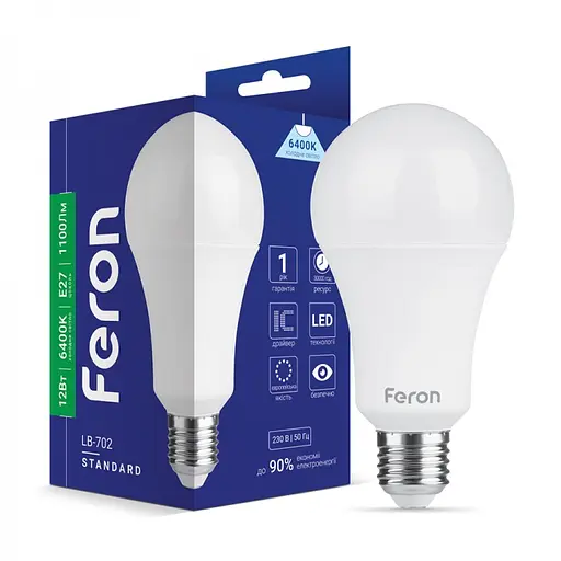 Лампа свiтлодiодна Feron LB-702 A60 230V 12 Вт E27 6400K (25979)
