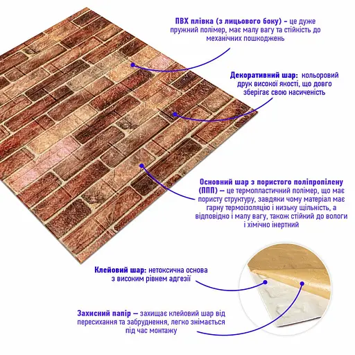 Самоклеющийся декоративный 3D панель 700х770х5мм Коричневый Екатеринославский кирпич (179) SW-00000248 - фото 2