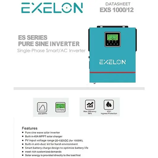 UPS ИБП гибридный инвертор Exelon EXS1000-12 1000VA 12V заряд 40A MPPT (20-150VDC 80A) - фото 4