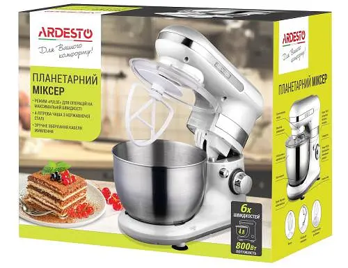 Планетарний міксер Ardesto KSTM-8040 800 Вт 6 скор. |турбо, вінчик, насадка для змішування, А-подібна насадка, білий - фото 4