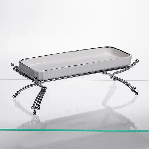 Фарфоровое сервировочное блюдо на металлической подставке 37×18×5 (см) блюдо для подачи закусок Белый с серебром Yiwu LB-1566S - фото 3