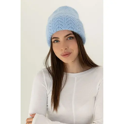 Женская вязаная шапка Ангора Ажур с флисовой подкладкой 60% ангора Голубой - фото 1