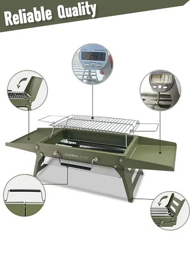 Charmline 14x9 дюймов настольный угольный гриль, подъемная сетка для гриля, экономя место для внутреннего и внешнего. - фото 3