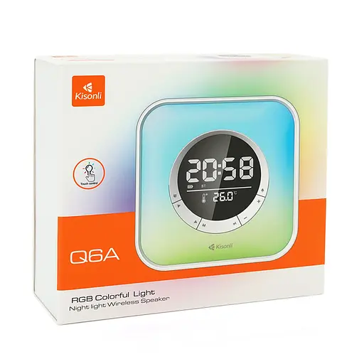 Колонка Kisonli Q6A Bluetooth 5.0, 1х5W, 3600mAh, USB/TF/FM/BT/LED/Clock/RGB Light, DC: 5V/1A, BOX, Silver, Q30 - фото 2