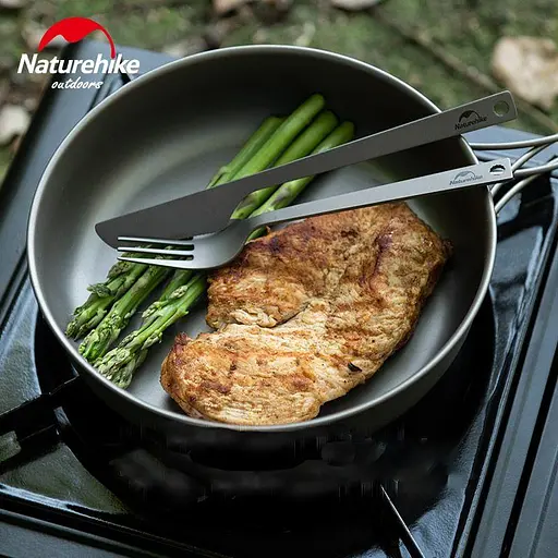 Набір туристичних столових приладів (ложка, вилка, ніж) Naturehike NH19T011-D з титану з мішечком (Сірий) - фото 3