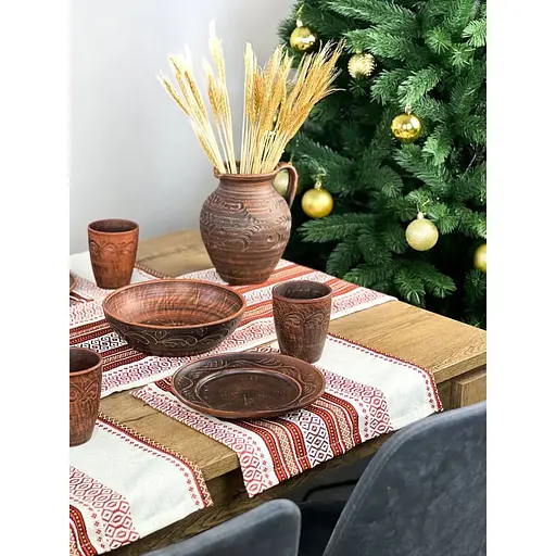 Комплект Різдвяний лляний з українським орнаментом Промінь Ранер 140х40 см + салфетки 30х40 см 40 шт. червоний