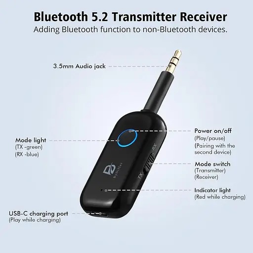 ByDiffer Bluetooth 5.2 Аудіоприймач для телевізора, Bluetooth-передавач з двома посиланнями, 0,138-інч роз'єм AptX - фото 3