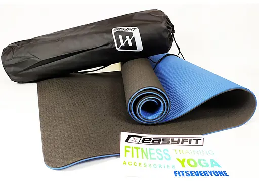 Коврик для йоги и фитнеса EasyFit TPE+TC 6 мм двухслойный + Чехол черный с синим (EF-1924E-B/Bl) - фото 1