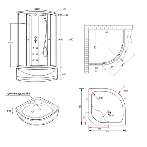 Гидромассажный бокс Lidz Tani SBM90x90.SAT.HIGH.FR Frost, Хром матовый, матовый, хром матовый - фото 2