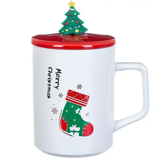 Кружка R33367 Новорічний калейдоскоп кераміка з кришкою і ложкою 360 мл Біла - фото 1