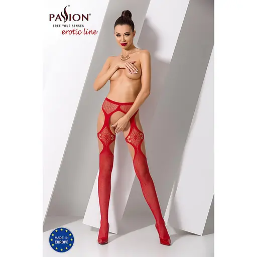Эротические колготки-бодистокинг Passion S023 red имитация чулок с секси ромбами и пояском S/M/L - фото 2
