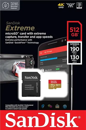 Карта пам`ятi MicroSDXC512GB C10 UHS-I SanDisk Extreme V30 U3 R190/W130MB/s + SD (SDSQXAV-512G-GN6MA) - фото 5