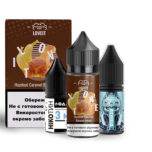 Набор компонентов для самозамеса солевой заправки заправки для вейпа Flavorlab Love it 30 мл, 0-50 мг Hazelnut Caramel Banana Cream Банановый крем с лесным орехом и карамелью (15418)