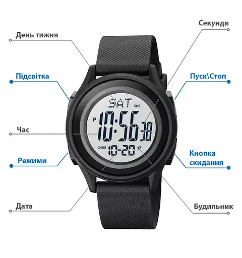 Чоловічий спортивний наручний годинник Skmei 1893 (Чорний з білим циферблатом) - фото 6