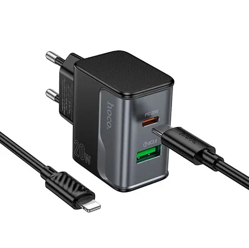 Мережевий зарядний пристрій Hoco CS71A Star Speed PD20W+QC3.0 charger set(Type-C to iP)(EU) Чорний - фото 1