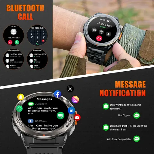 Чоловічі військові смарт-години EIGIIS KE5 зі світлодіодним фонариком компасом і барометром для Android iOS - фото 3