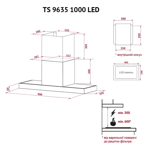 Вытяжка декоративная Т-образная PERFELLI TS 9635 I/WH 1000 LED - фото 12
