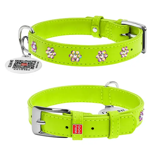 Ошейник для собак кожаный Waudog Glamour с QR-паспортом с клеевыми стразами "Цветы" Ш 15 мм Д 27-36 см салатовый