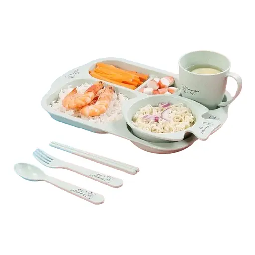 Набор детской посуды из биоразлагаемого волокна пшеничной соломы 6 предметов, зеленый - фото 1