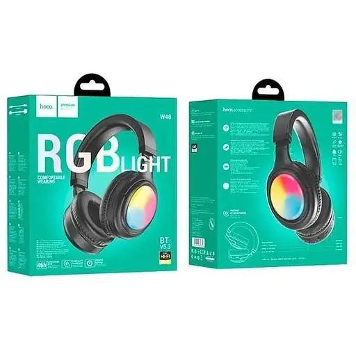 Накладные беспроводные наушники Hoco W48 Focus BT гарнитура с подсветкой RGB черные - фото 3