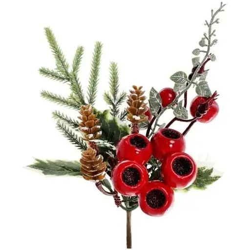 Декоративная хвойная ветка с шишками и красными ягодами для праздничного декора 24 см - фото 1