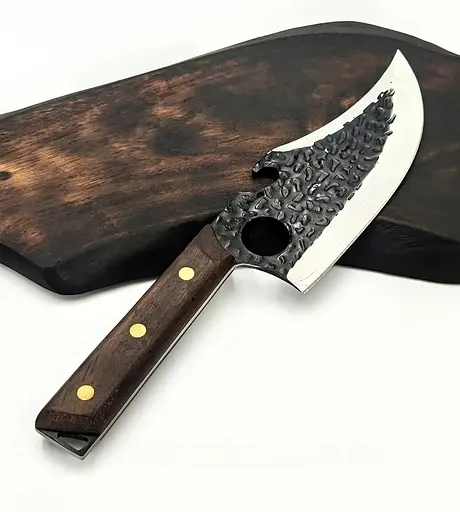 Обвалочный нож-топорик для мяса и овощей из нержавеющей стали с кованым лезвием с деревянной рукояткой 29 см King Cary Santoku 88110 - фото 3