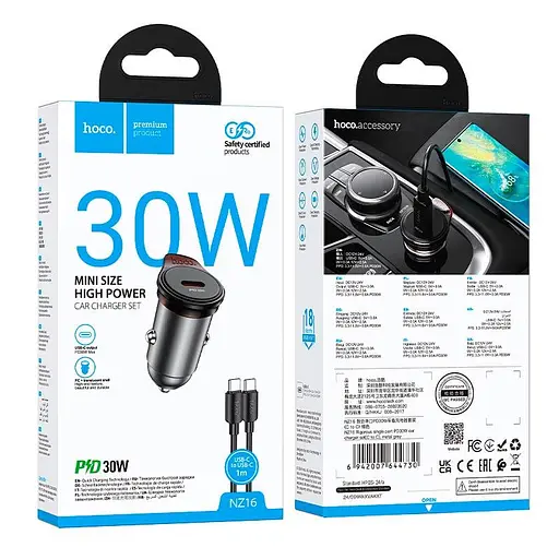 Адаптер автомобильный Hoco Rigorous single port Car charger NZ16 (Type-C to Type-C) |1Type-C, 30W/3A, PD20W/QC| - фото 2