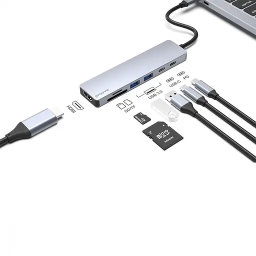 USB-хаб Proove Type-C-хаб Iron Link 7 в 1 (2*Type-C + 2*USB3.0 + HDMI + SD/TF) серебристый (HBIL00222004) - фото 3