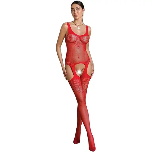 Бодистокинг Passion ECO BS008 с доступом флористический декор имитация подвязок S/M/L red