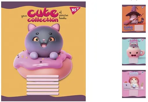 Зошити учнівські 12 аркушів клітинка. YES Cute collection, 25 шт. в упаковці